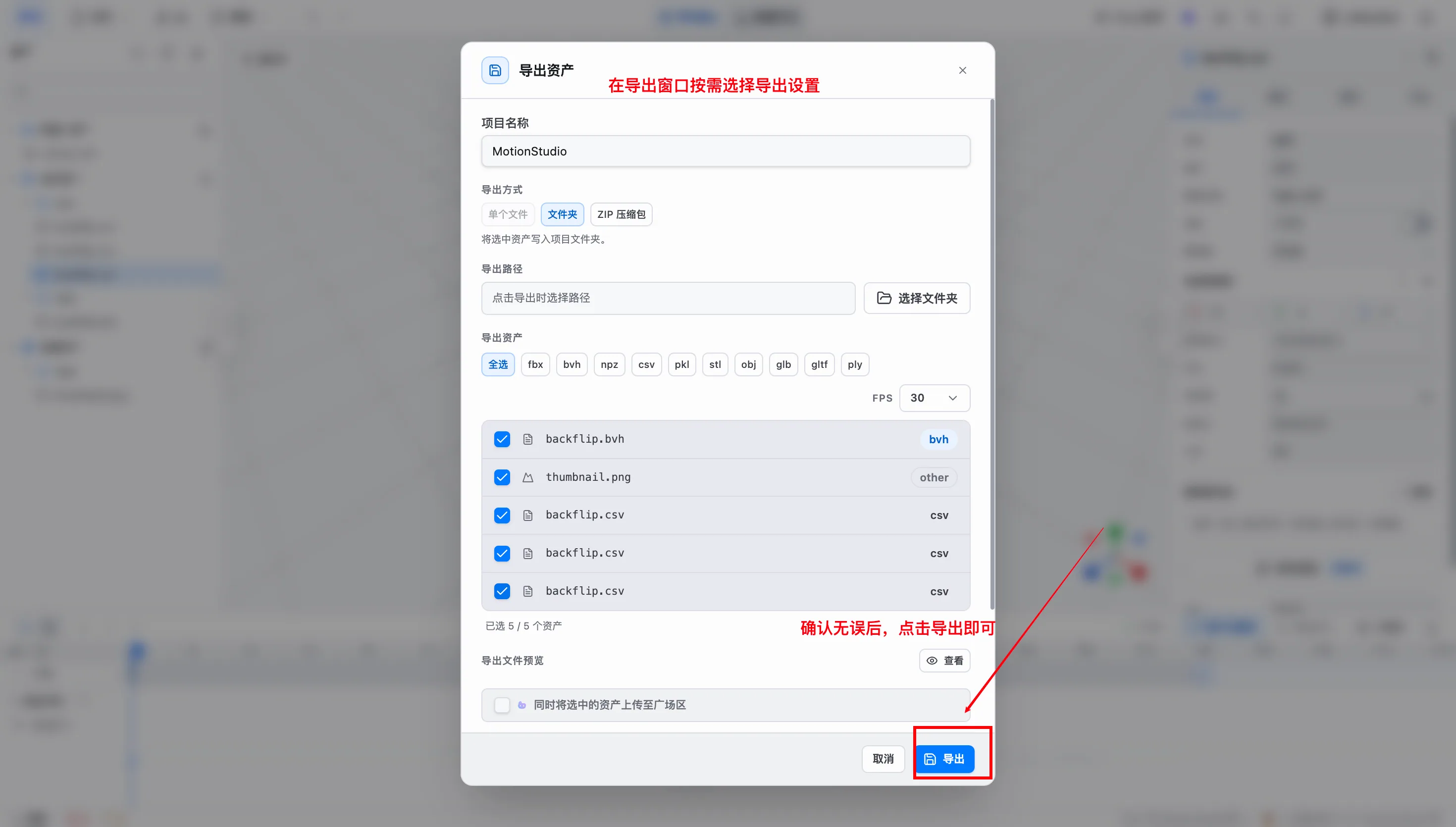 Motion Studio 导出资产弹窗